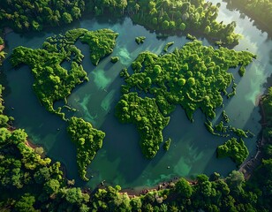 Aerial view of land masses shaped as the world map