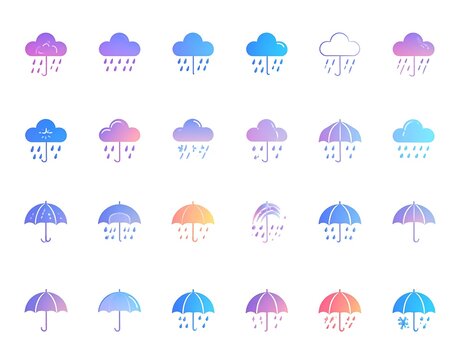 A collection of weather icons featuring gradient clouds, rain, and umbrellas, presented in a colorful, minimalist style on a white background