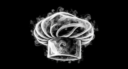Abstract chef hat made of swirling white smoke on a black background