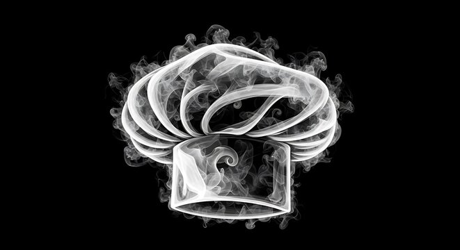 Abstract chef hat made of swirling white smoke on a black background - Powered by Adobe