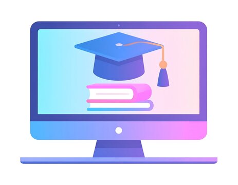 A desktop computer screen displays a graduation cap atop stacked books. The scene uses a soft gradient with a white background