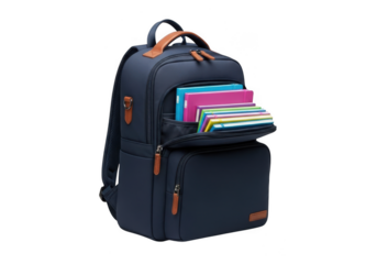 A navy blue backpack with brown leather accents, open to reveal colorful notebooks and folders