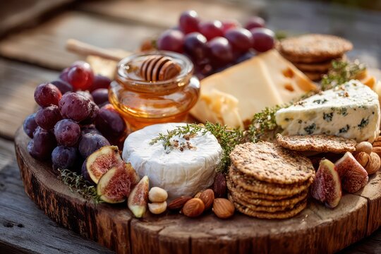 Assorted cheese platter featuring soft, aged, and blue cheeses with grapes and figs