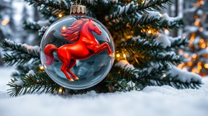 Red Horse Christmas Ornament on Snowy Pine Tree Festive Winter Holiday Decoration_8