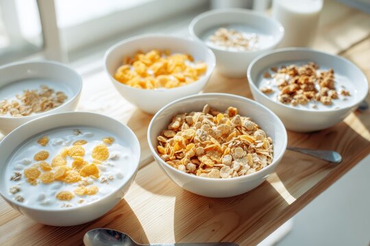 Assorted cold cereals in white bowls on a bright breakfast table