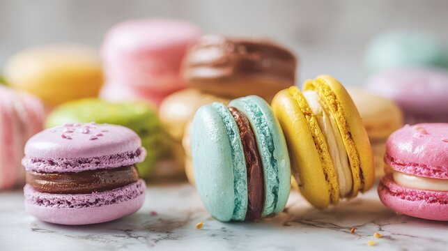 Assorted macarons close-up highlighting rainbow hues, delicate shells and rich fillings