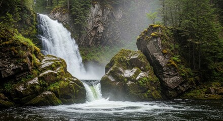 Scenic waterfall cascading over mossy rocks in a lush green forest area