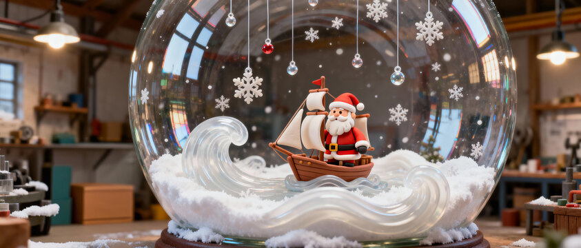 Santa claus in a boat inside a large snow globe with snowflakes and waves