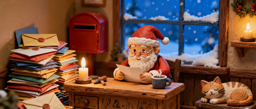 Santa claus reading letters in his workshop with a cat sleeping nearby and snow falling outside - Powered by Adobe