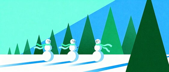 Obraz premium Three snowmen with scarves walk through a snowy forest with green pine trees