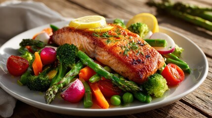 Balanced seafood plate featuring salmon and a vibrant assortment of fresh vegetables