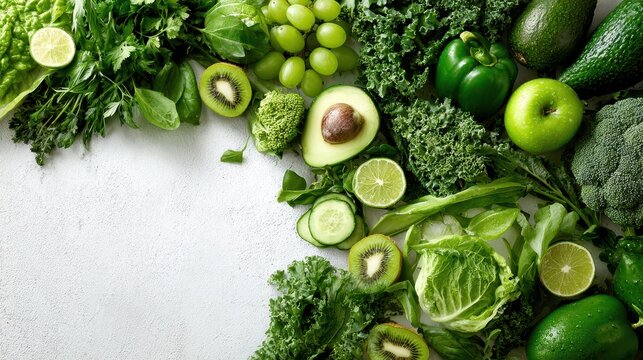 Banner layout of fresh green fruits and vegetables arranged in a vibrant flat lay - Powered by Adobe