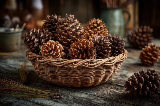 Basket of pine cones in a rustic wooden setting - Powered by Adobe