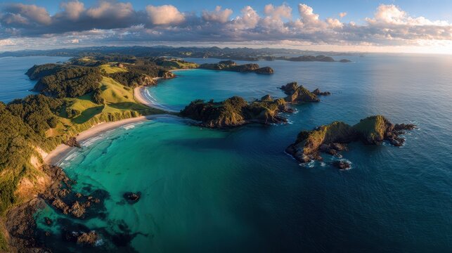 Bird's-eye photograph of the Bay of Islands: pristine coves, blue water, and green scenery