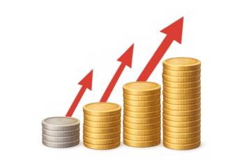 Stacking coins growing with upward red arrows, illustrating financial growth, investment returns, and increasing wealth with transparent background