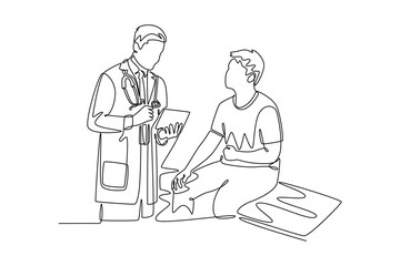 Senior doctor and young male patient. Doctor and patient concept. Single line draw design. Vector graphic illustration