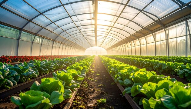 Sunny view inside a greenhouse with rows of growing plants