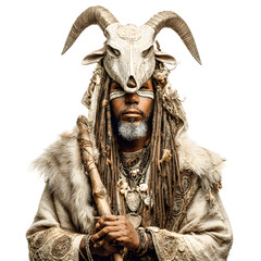 Mystical Ritualist: A figure stands adorned in ritualistic attire, their face subtly framed by a mask. Holding a staff with a composed pose, conveying an air of spiritual authority and mysticism.