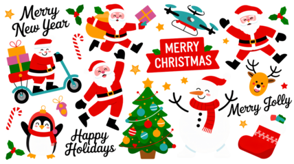 Festive Christmas characters and icons create holiday cheer, perfect for cards