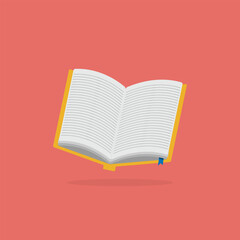 Floating yellow open book with blue bookmark. Flat vector illustration for reading, knowledge, and educational design