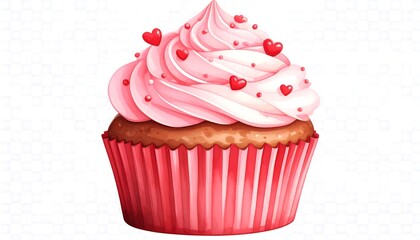 A cute cartoon cupcake with pink frosting, heart sprinkles, and a red wrapper