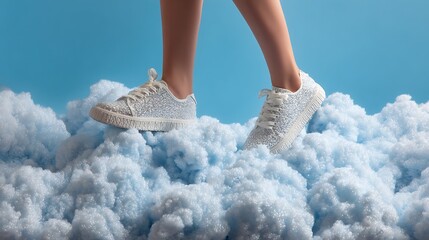 A pair of shoes walking on a cloud represents dreams and freedom.
