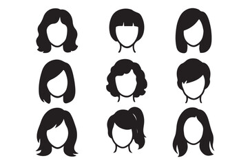 Variety of female hairstyles depicted in black silhouette form for design