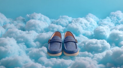 A pair of shoes walking on a cloud represents dreams and freedom.