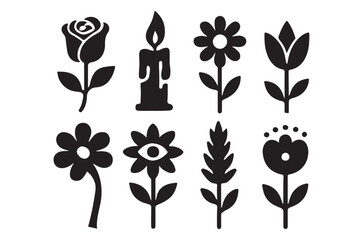 Black floral and candle silhouettes arranged in a simple graphic row