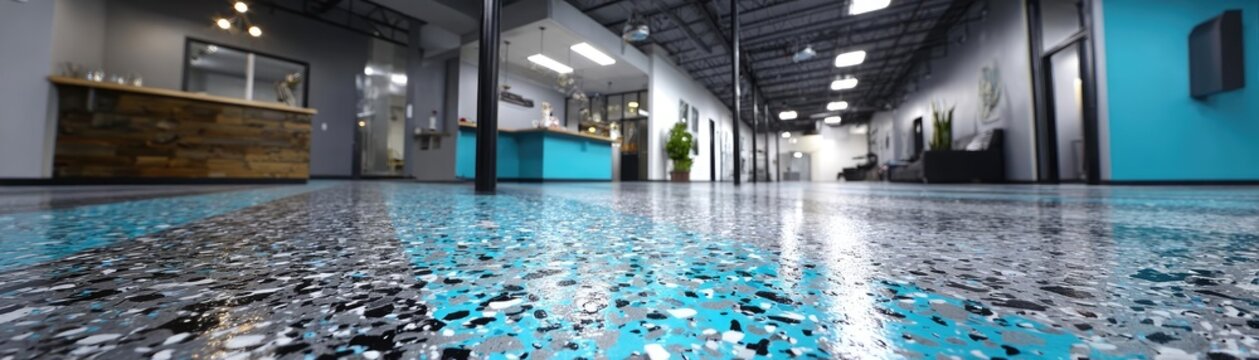 Gray epoxy coating with blue black white chips concept. Spacious modern interior with colorful flooring and natural light.