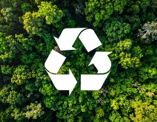Aerial view of lush green trees, overlayed with recycling symbol