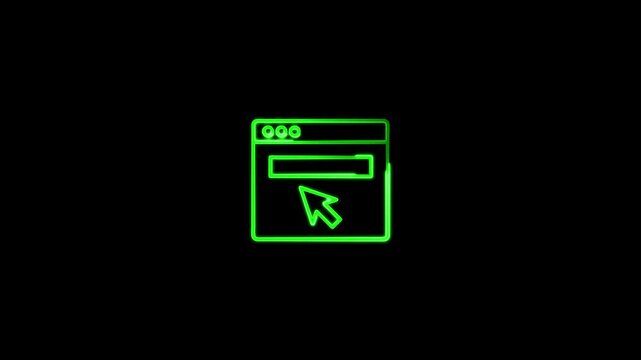 Green neon browser window icon with cursor on black background mouse pointer