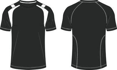 Front Back Technical Fashion Flat Sketch Illustration for Men's Contrast Raglan Sleeve T-Shirt for Sports Team Uniform Apparel Design Vector Template