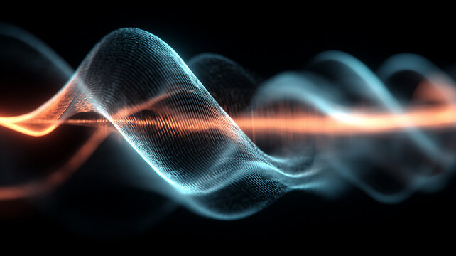 Flowing energy wave across a clean scene, visualizing frequency and signal processing, dynamic data streams, and creative sound design used in technology, media, and innovation.
