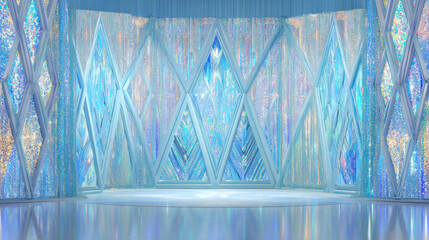 Obraz premium A beautiful, icy palace interior with diamond-shaped windows and shimmering curtains. the essence of a magical ice palace, perfect for fantasy and fairytale themes.