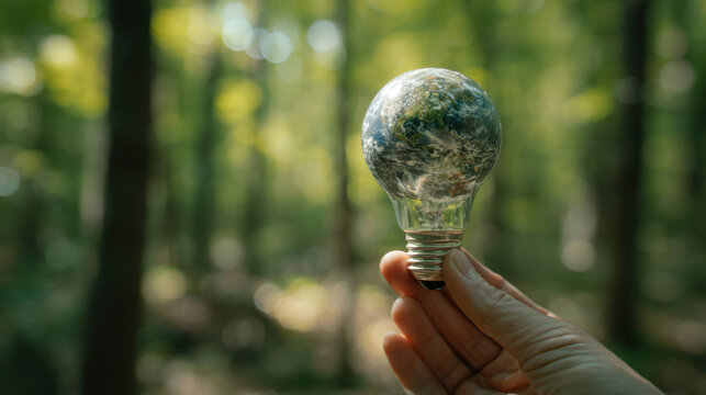 Hand holding light bulb with planet Earth inside, symbolizing sustainability and environmental awareness in lush forest setting. image evokes sense of hope and connection to nature
