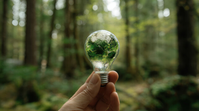 Hand holds light bulb containing miniature planet Earth, symbolizing environmental awareness and sustainability. serene forest backdrop enhances connection to nature and conservation