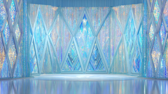 A beautiful, icy palace interior with diamond-shaped windows and shimmering curtains. the essence of a magical ice palace, perfect for fantasy and fairytale themes.