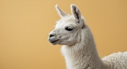 Obraz premium A peaceful, fluffy white llama stands against a bright background, showcasing the soft texture of its thick, luxurious wool ,portrait ,nature ,docile