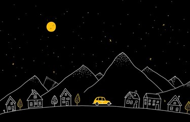 Simple doodle drawing of mountains, houses, and car on black background with minimalist line art, cute playful style for educational, nursery, or branding projects.