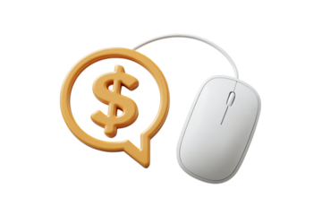 Clicking for cash: computer mouse, dollar sign bubble, online earnings concept