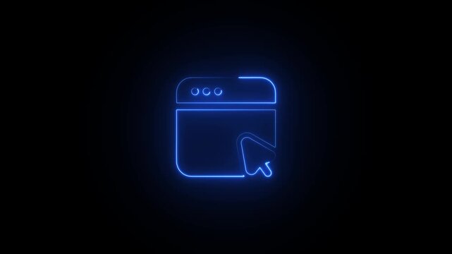 Blue Neon Glowing Web Browser Icon with Cursor on Black Background Keywords: web browser, icon, cursor, pointer, click, navigation, internet, online, digital, technology, interface, website