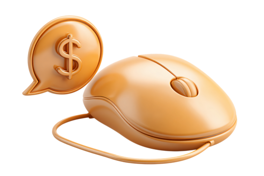 Digital earning opportunity concept: golden computer mouse and dollar bubble