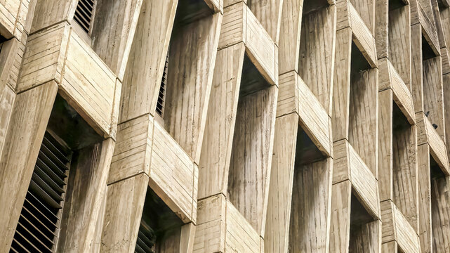 Abstract architectural detail of a concrete building facade with repeating geometric shapes - Powered by Adobe