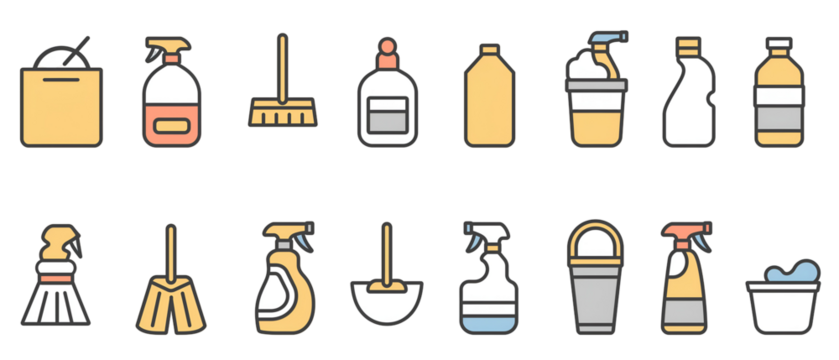Cleaning Supplies and Tools Icons Collection on Transparent Background