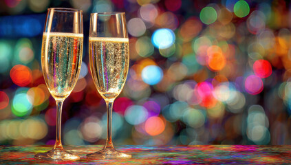 Two glasses of champagne clinking together create festive atmosphere against colorful bokeh background, evoking celebration and joy