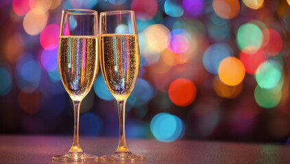 Cheers to celebration with two glasses of sparkling champagne clinking together against vibrant, colorful background. joyful atmosphere enhances festive mood