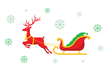 Flat Graphic Reindeer with Sleigh and Snowflakes Christmas Celebration Illustration