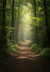 Fototapeta premium A winding forest path dappled with sunlight creates a beautiful, serene, and inviting scene for outdoor recreation and nature walks ,sunlight ,path ,scenic