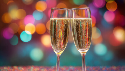 Cheers to celebration with two glasses of champagne clinking together, sparkling bubbles reflecting colorful lights in background, creating festive atmosphere
